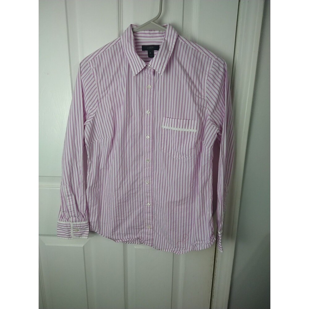 J. Crew Woman 6 Purple White Nautical  Striped LS Pocket Fitted Button Up f8993